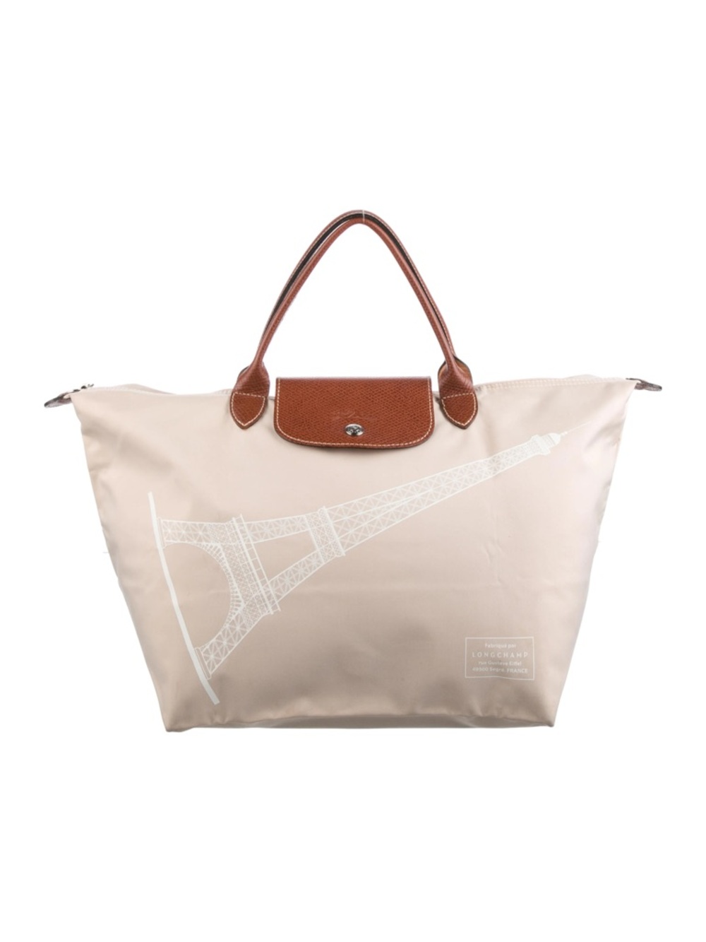 Longchamp Beige Tote with Brown Leather Trim and Eiffel Tower Print